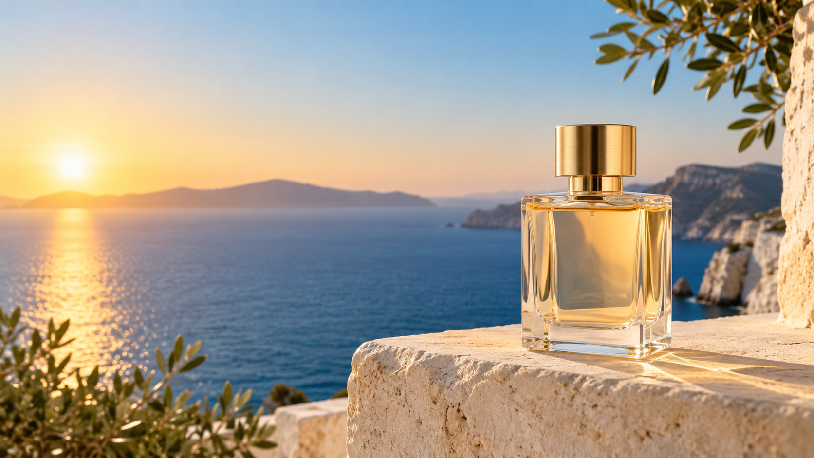 Summer perfume bottle overlooking the blue sea at sunrise