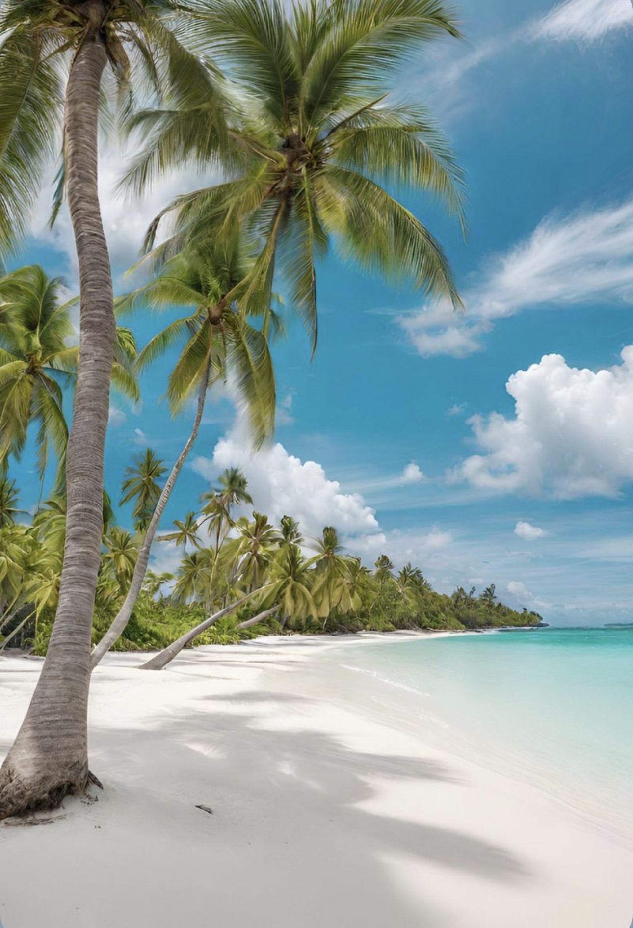 Palm trees beside a white sandy beach and turquoise sea